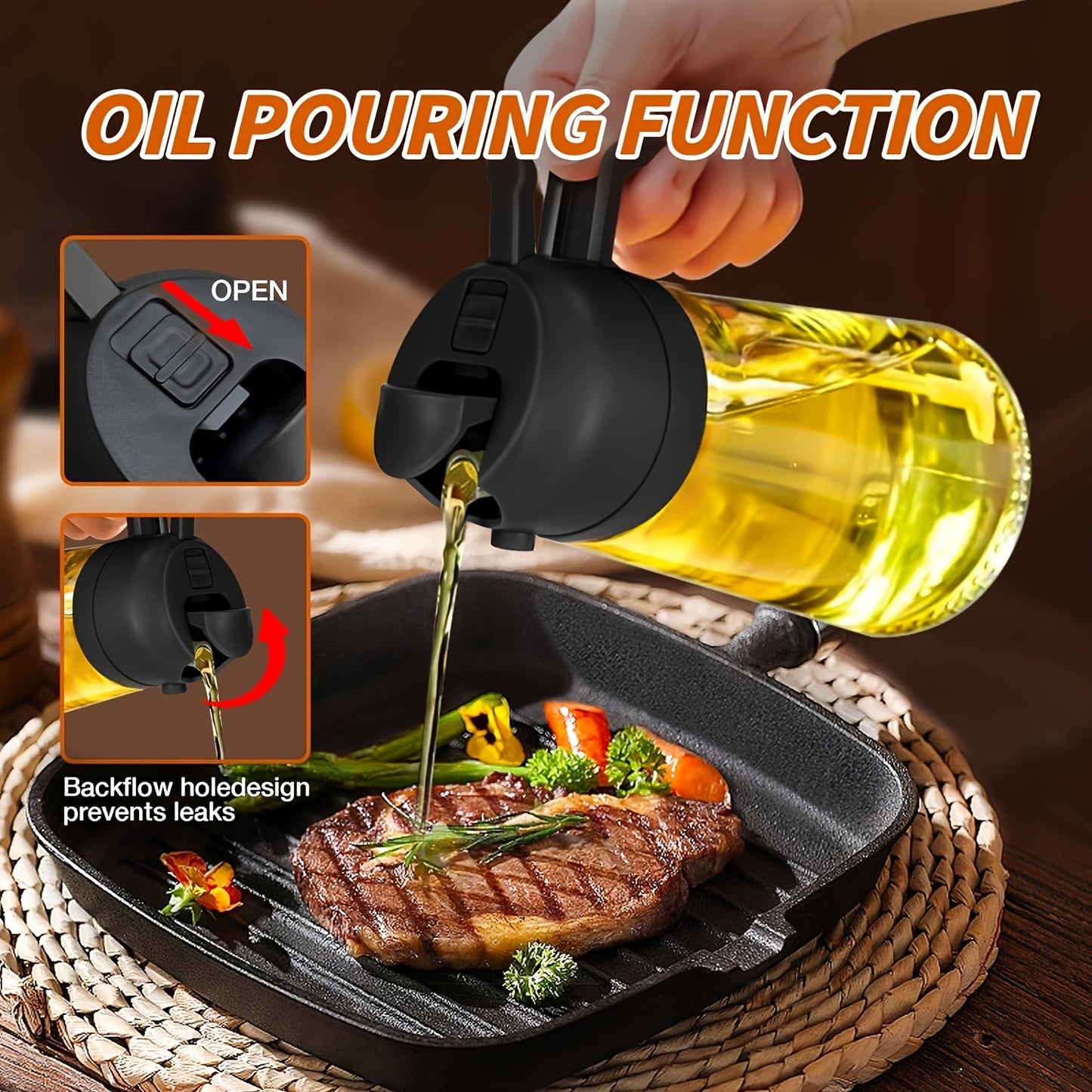 Portable 2-in-1 Oil Sprayer & Dispenser – Olive Oil Mister & Pourer, 470ML Kitchen Spray Bottle for Cooking, BBQ, Baking & Salad