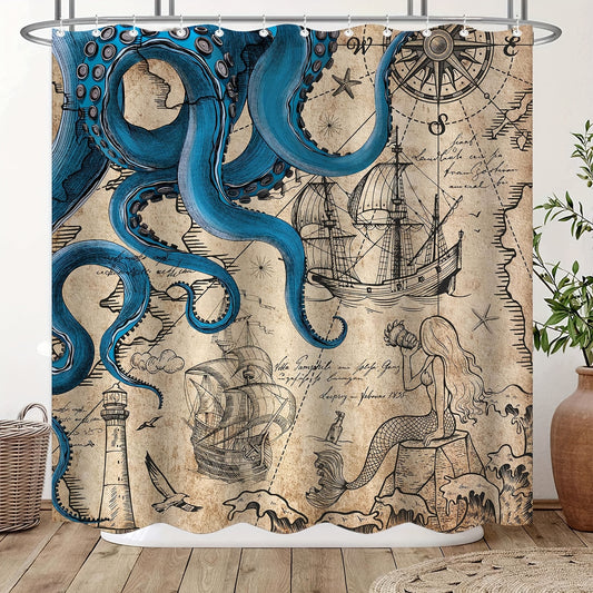 Navy Blue Waterproof Fabric Vintage Nautical Octopus Shower Curtain