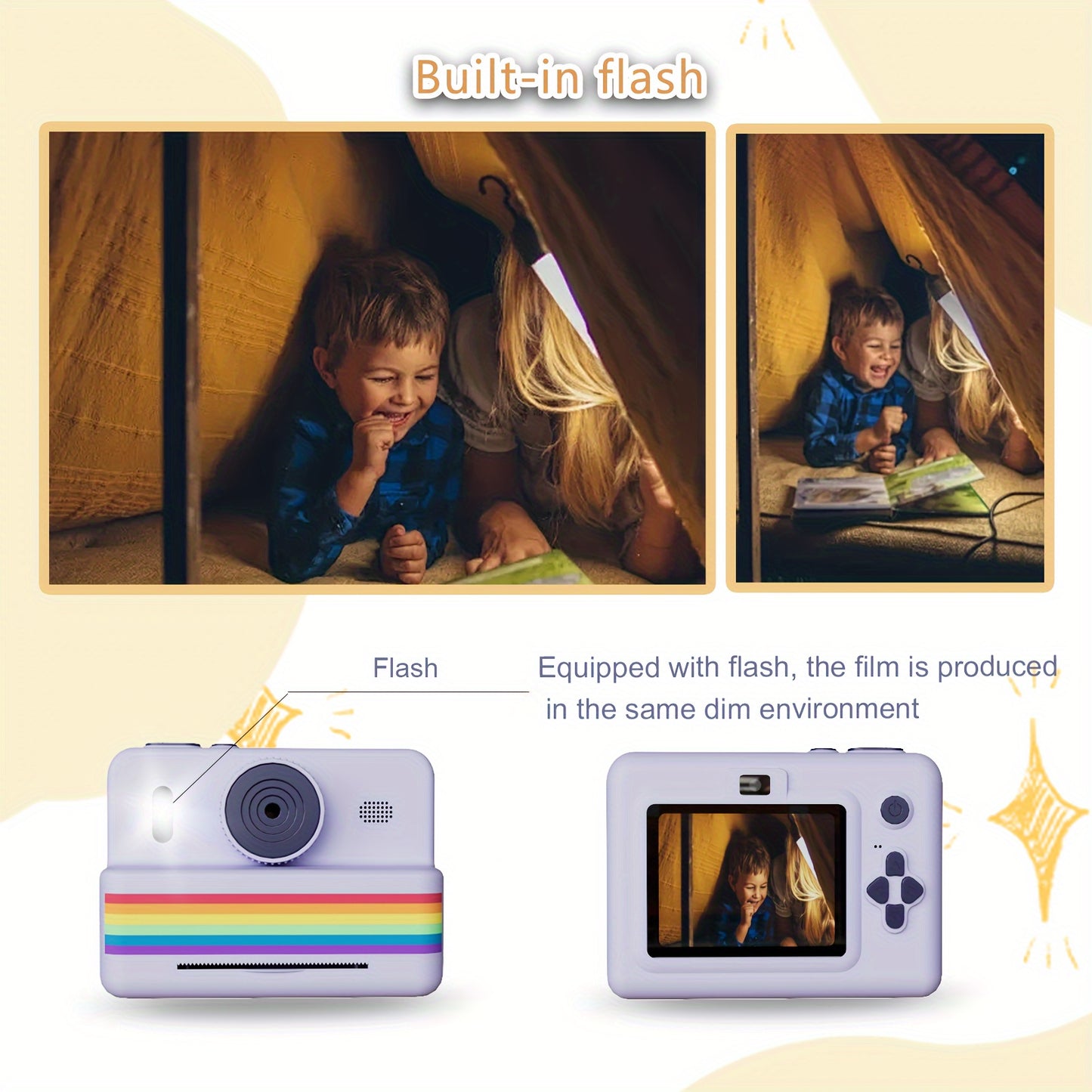 Colorful Youngsters Digital Camera with Instant Photo Printing - USB Rechargeable, 720P HD, IPS Screen, Durable Plastic Body - Includes Rainbow Stripe Film & Photo Paper - Ideal Birthday & Christmas Gift for Girls Ages 6-13 -