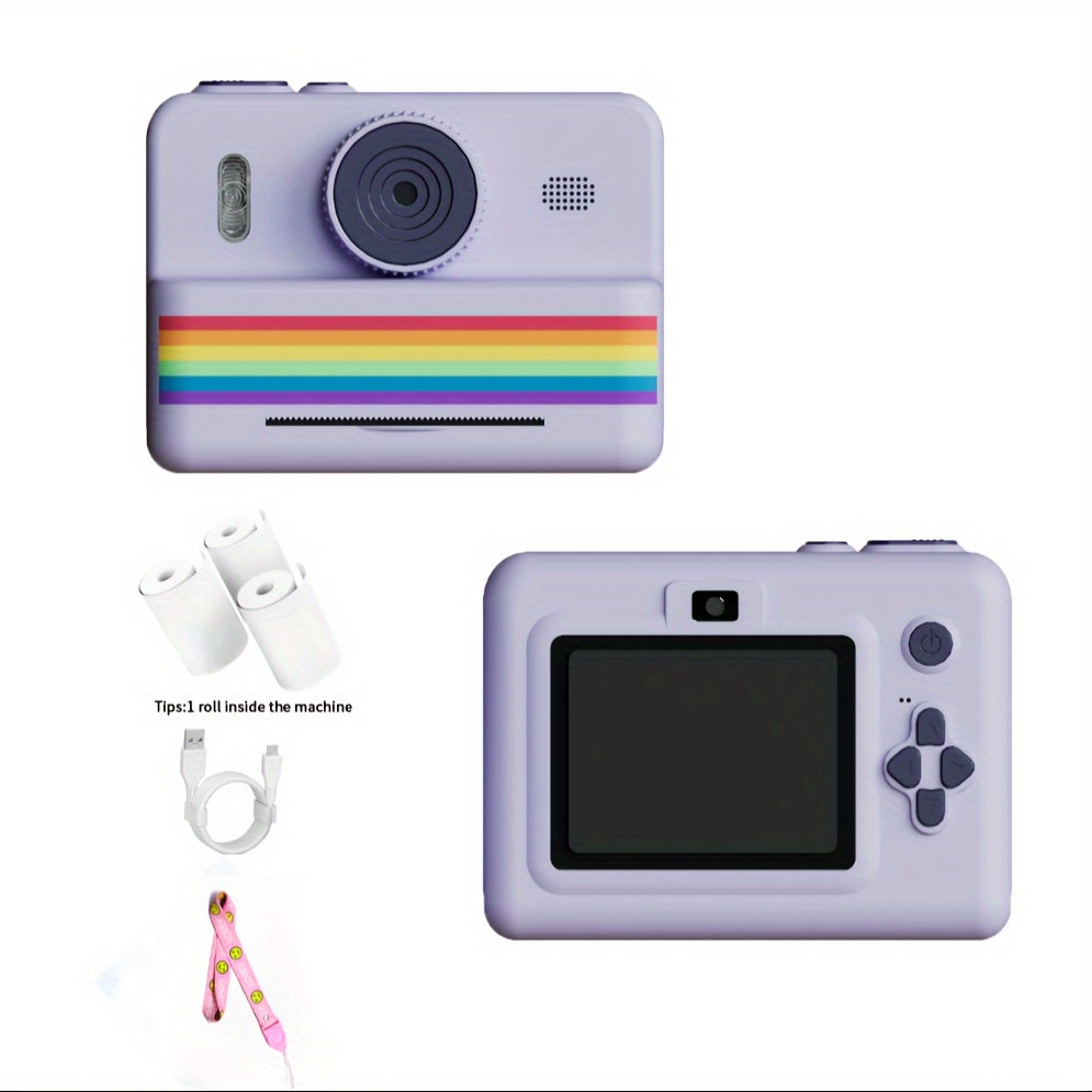 Colorful Youngsters Digital Camera with Instant Photo Printing - USB Rechargeable, 720P HD, IPS Screen, Durable Plastic Body - Includes Rainbow Stripe Film & Photo Paper - Ideal Birthday & Christmas Gift for Girls Ages 6-13 -