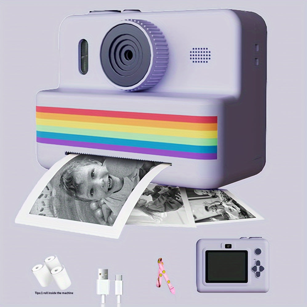 Colorful Youngsters Digital Camera with Instant Photo Printing - USB Rechargeable, 720P HD, IPS Screen, Durable Plastic Body - Includes Rainbow Stripe Film & Photo Paper - Ideal Birthday & Christmas Gift for Girls Ages 6-13 -